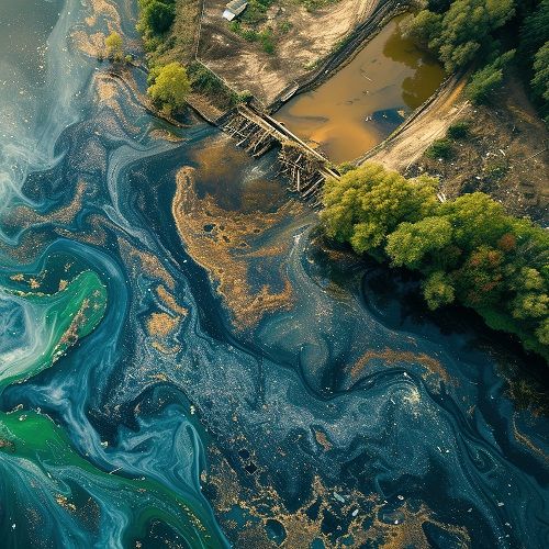 Des produits chimiques dangereux sont rejetés dans la rivière Vue aérienne des eaux usées industrielles Les eaux usées se déversent dans la rivière Pollution de l'environnement Catastrophe écologique et catastrophe Contamination