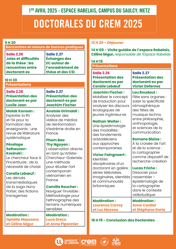 Affiche - programme des Doctorales du Crem 2025, jour 2 : 1er avril