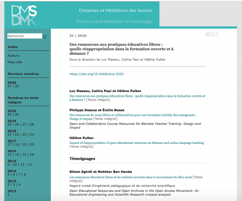 Revue sur OpenEdition. Le fond est blanc et les menu sont en turquoise.