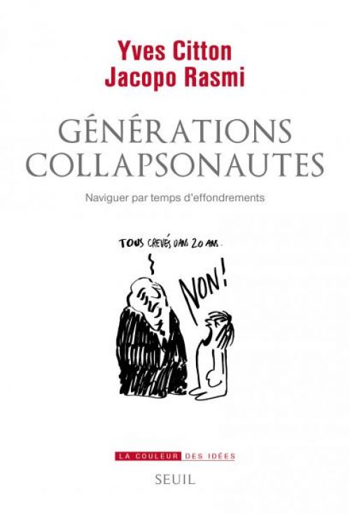 Fond blanc et titre rouge en haut. Un dessin illustre un viellard dessiné qui dit "Tous crevés dans 20 ans" un enfant répond "Non !"