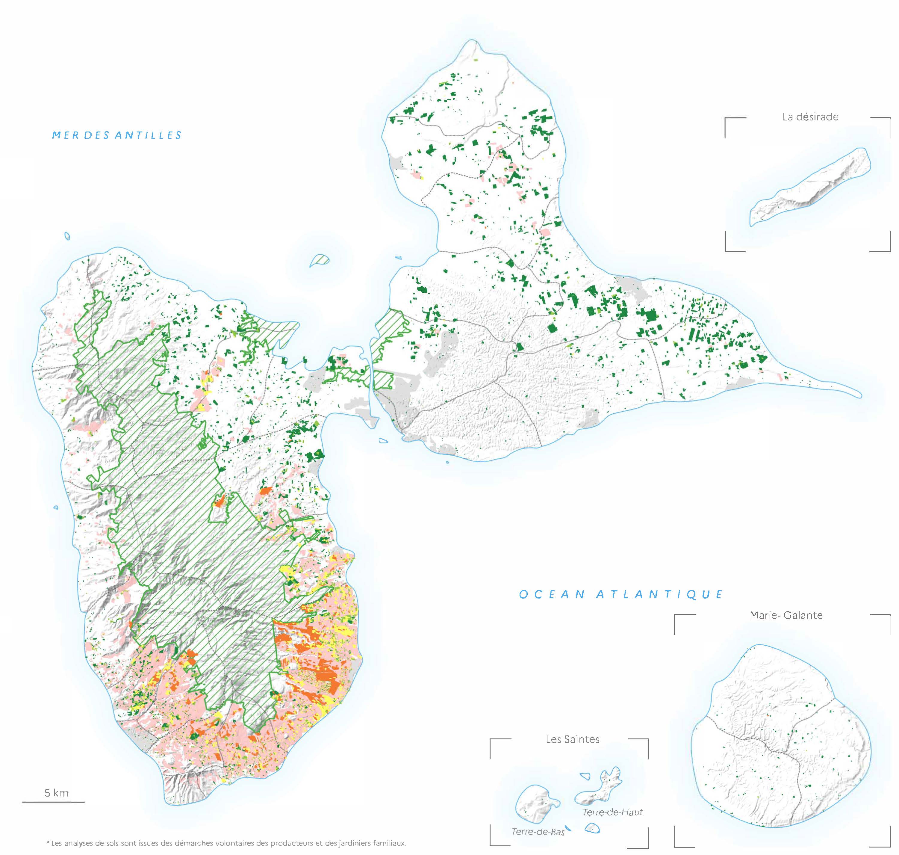 carte de la contamination des sols par chlordécone en Guadeloupe