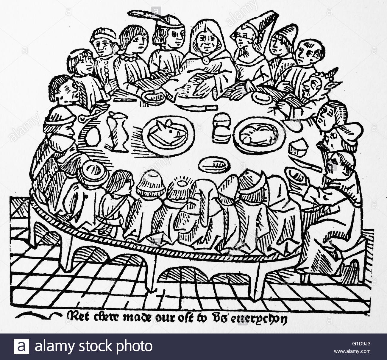 Gravure sur bois représentant une fête médiévale anglaise. Les Contes de Canterbury de Chaucer 1484