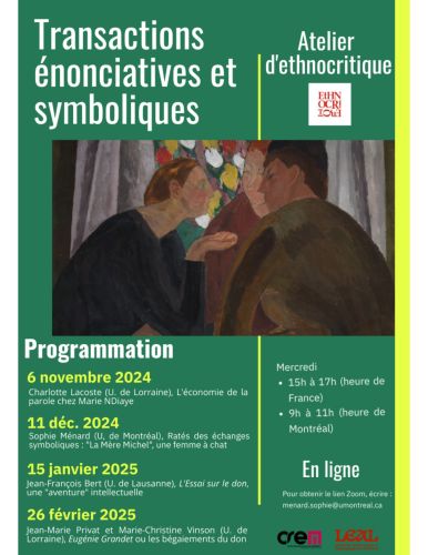 affiche programme des atelier d'ethnocritique 2024-2025 Transactions énonciatives et symboliques